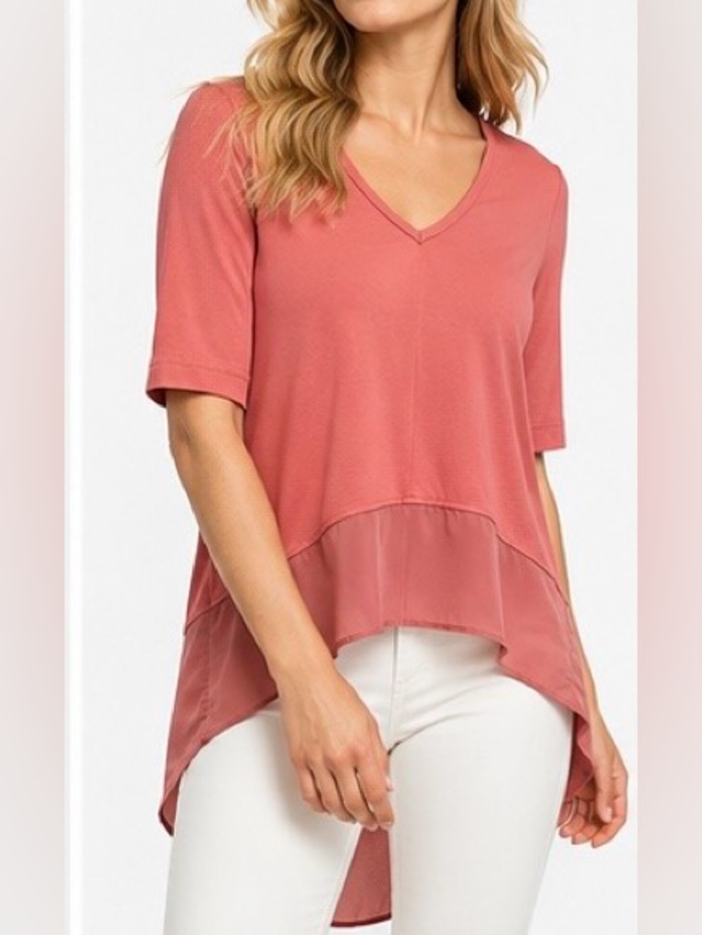 ST. JOHN Yellow Label Silk High Low Tunic Top Coral Pink S NWOT